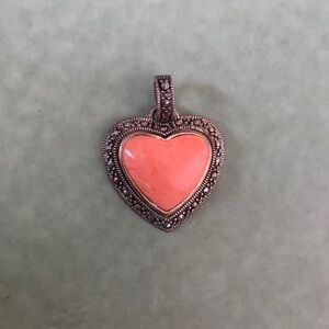 Estate sterling silver Heart Pendant with genuine Peach garnet & black diamonds